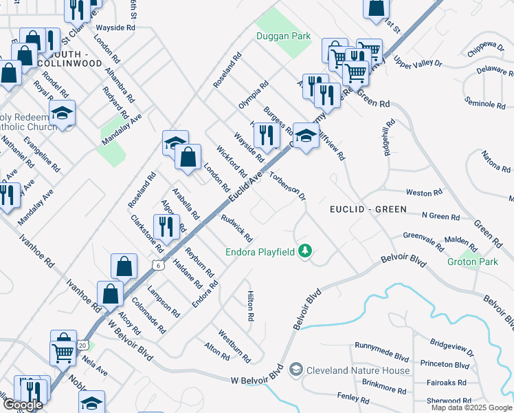 map of restaurants, bars, coffee shops, grocery stores, and more near 17608 Euclid Avenue in Cleveland