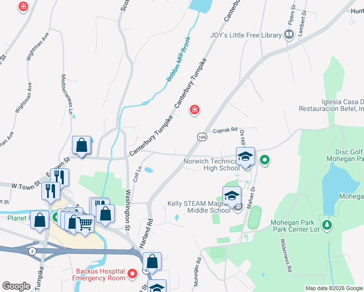 map of restaurants, bars, coffee shops, grocery stores, and more near 42 Ox Hill Road in Norwich