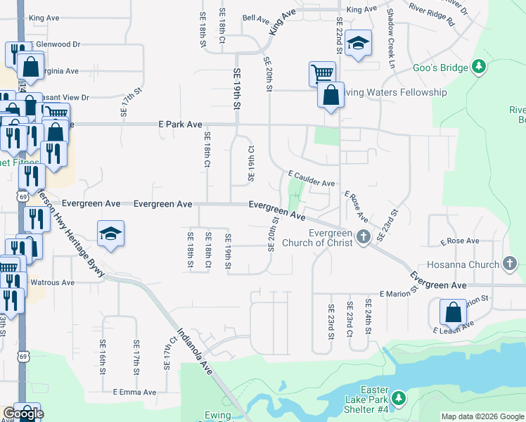 map of restaurants, bars, coffee shops, grocery stores, and more near 1927 Evergreen Avenue in Des Moines