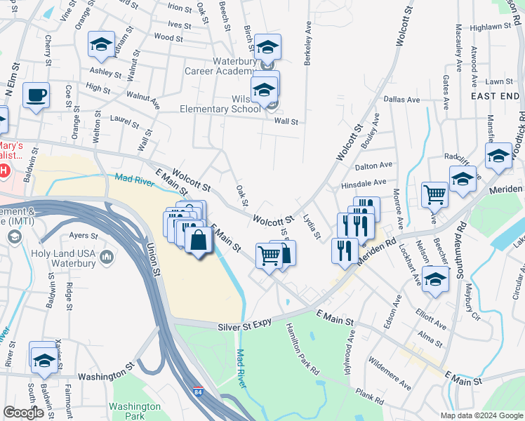 map of restaurants, bars, coffee shops, grocery stores, and more near 209 Wolcott Street in Waterbury