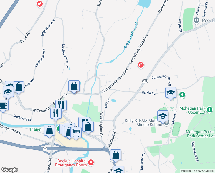 map of restaurants, bars, coffee shops, grocery stores, and more near 14 Canterbury Turnpike in Norwich