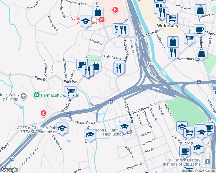 map of restaurants, bars, coffee shops, grocery stores, and more near 50 Sagamore Avenue in Waterbury