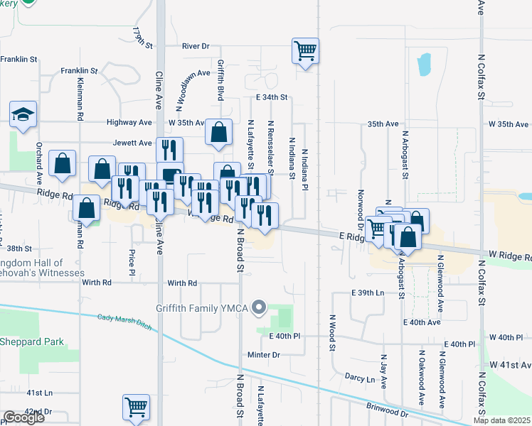 map of restaurants, bars, coffee shops, grocery stores, and more near 200 East Ridge Road in Griffith