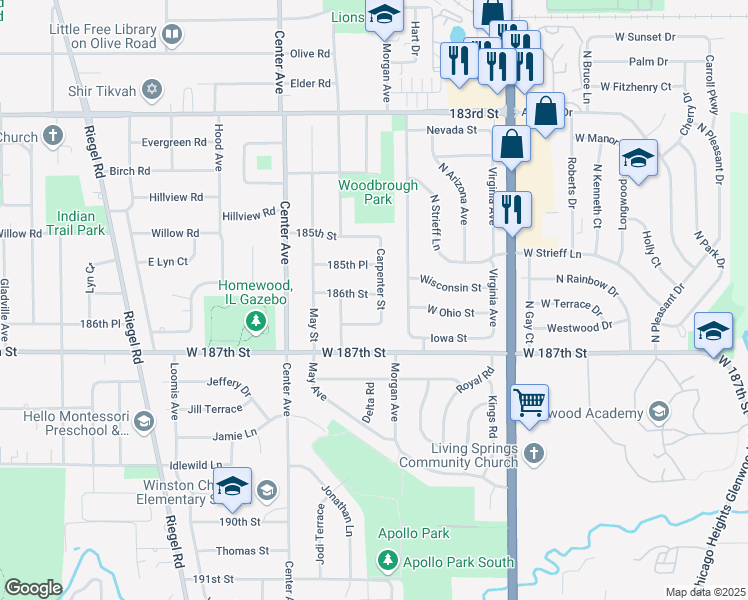 map of restaurants, bars, coffee shops, grocery stores, and more near 18604 Carpenter Street in Homewood