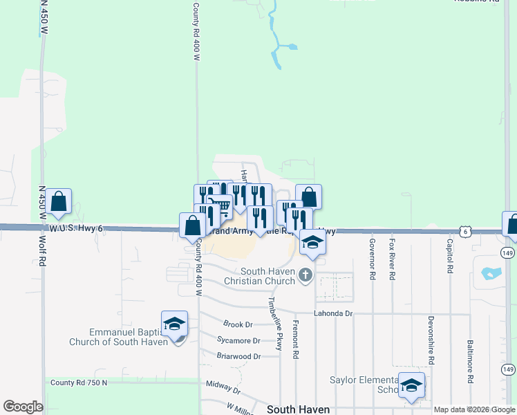 map of restaurants, bars, coffee shops, grocery stores, and more near 2-98 Harmony Trail in Valparaiso