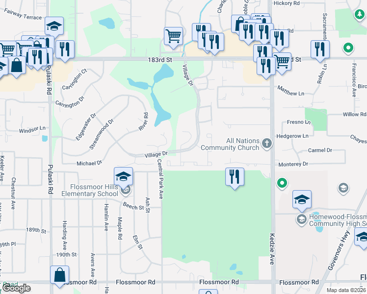 map of restaurants, bars, coffee shops, grocery stores, and more near 18620 Augusta Lane in Hazel Crest