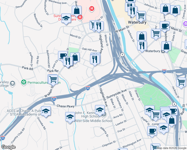map of restaurants, bars, coffee shops, grocery stores, and more near 197 Highland Avenue in Waterbury