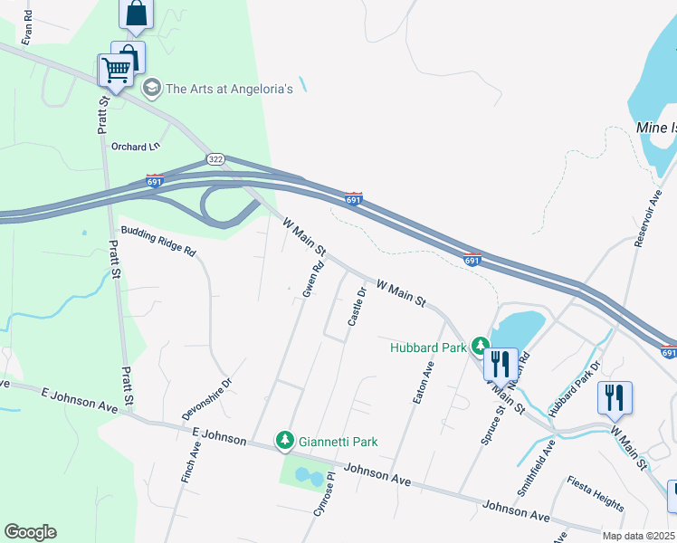 map of restaurants, bars, coffee shops, grocery stores, and more near 1264 West Main Street in Meriden