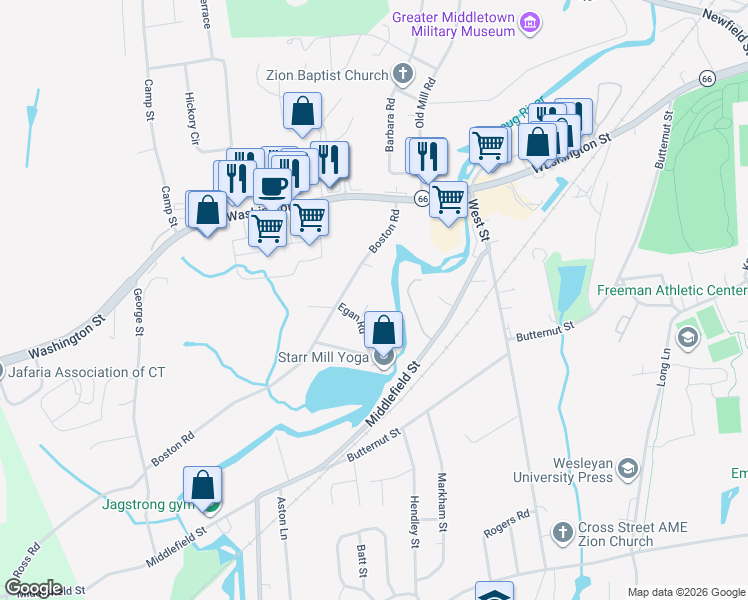 map of restaurants, bars, coffee shops, grocery stores, and more near 22 Keefe Lane in Middletown