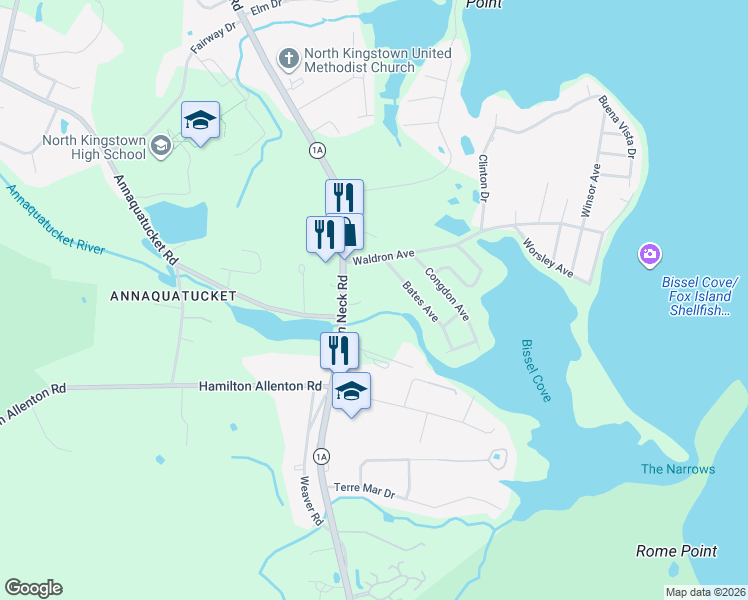 map of restaurants, bars, coffee shops, grocery stores, and more near 730 Boston Neck Road in North Kingstown