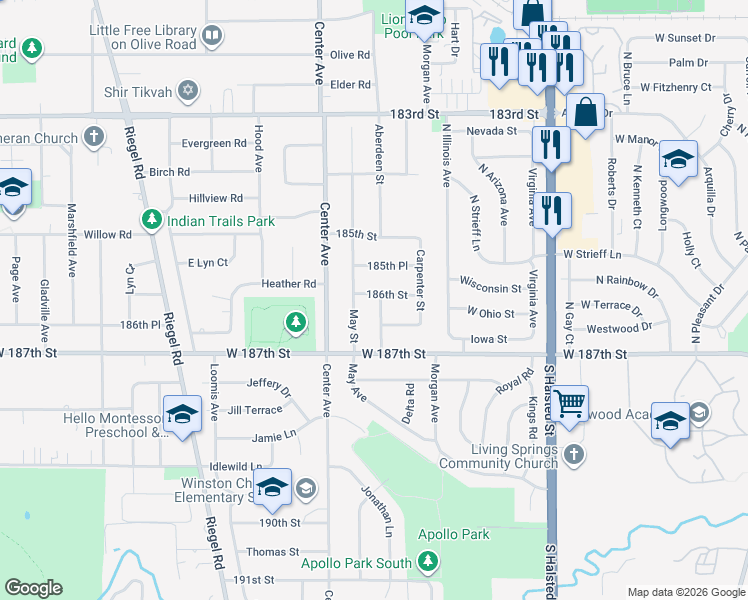 map of restaurants, bars, coffee shops, grocery stores, and more near 18602 Aberdeen Street in Homewood