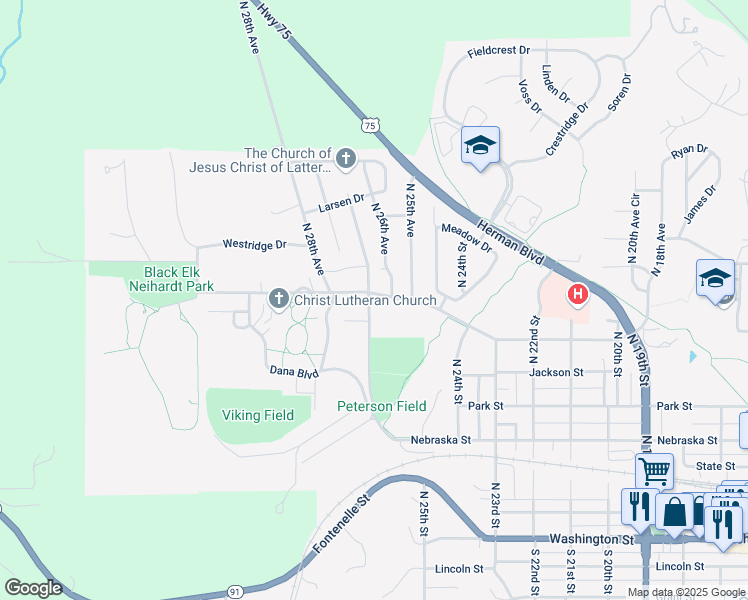map of restaurants, bars, coffee shops, grocery stores, and more near 2653 College Drive in Blair