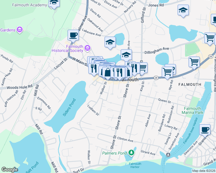 map of restaurants, bars, coffee shops, grocery stores, and more near 25 Elm Arch Way in Falmouth