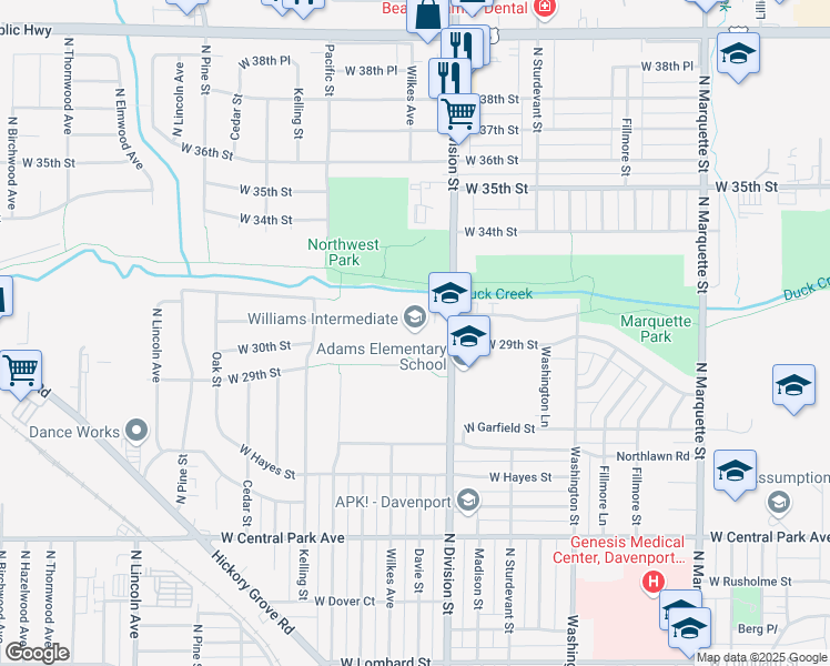 map of restaurants, bars, coffee shops, grocery stores, and more near 3040 North Division Street in Davenport