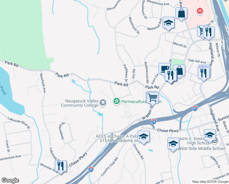 map of restaurants, bars, coffee shops, grocery stores, and more near 45 Terrell Road in Waterbury