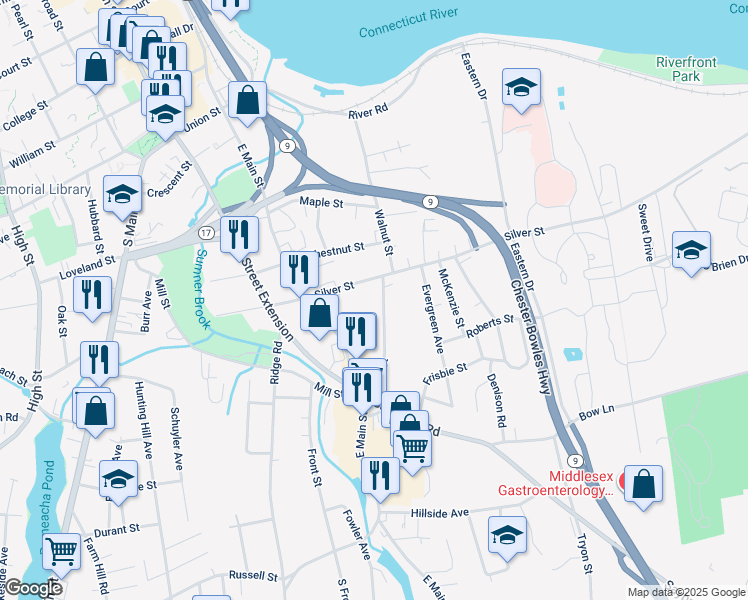 map of restaurants, bars, coffee shops, grocery stores, and more near 20 Silver Street in Middletown