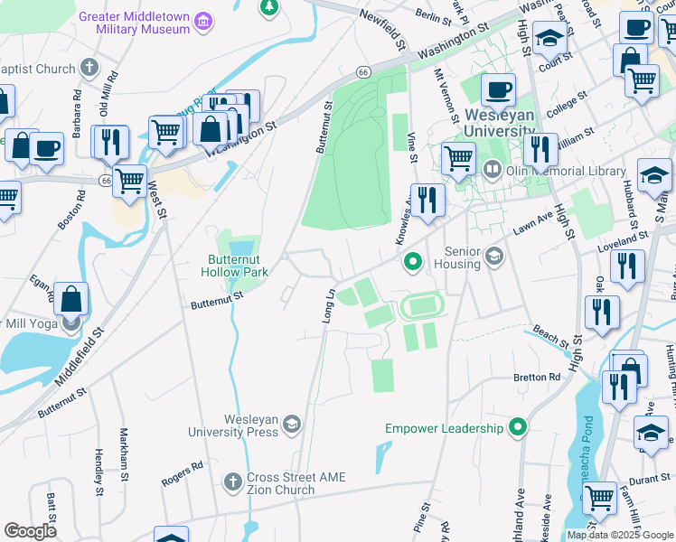 map of restaurants, bars, coffee shops, grocery stores, and more near 244 Cross Street in Middletown
