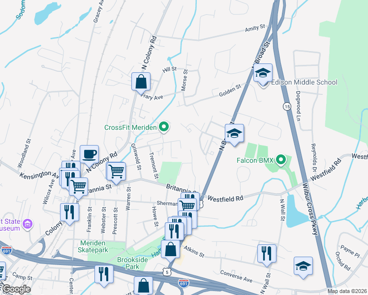 map of restaurants, bars, coffee shops, grocery stores, and more near 6 Locust Street in Meriden