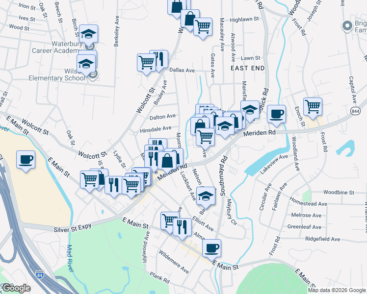 map of restaurants, bars, coffee shops, grocery stores, and more near 63 Monroe Avenue in Waterbury