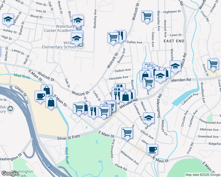map of restaurants, bars, coffee shops, grocery stores, and more near 67 Wacona Avenue in Waterbury