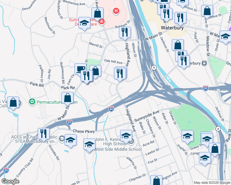 map of restaurants, bars, coffee shops, grocery stores, and more near 197 Highland Avenue in Waterbury