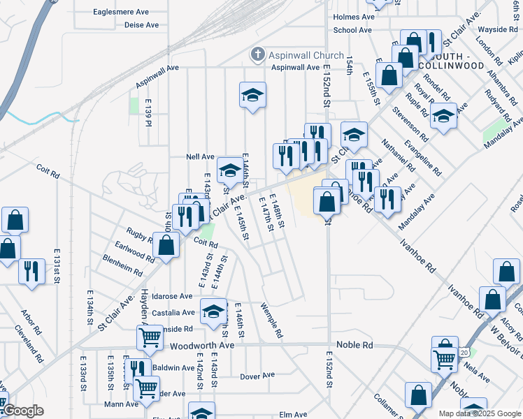 map of restaurants, bars, coffee shops, grocery stores, and more near 1021 East 147th Street in Cleveland