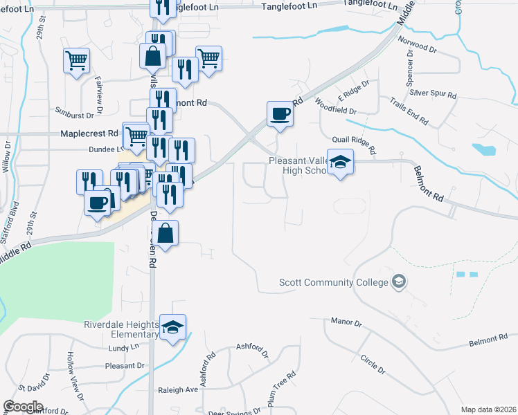 map of restaurants, bars, coffee shops, grocery stores, and more near 3899 Sparrow Court in Bettendorf
