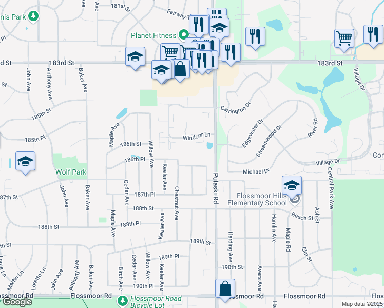 map of restaurants, bars, coffee shops, grocery stores, and more near 18601 Crawford Avenue in Country Club Hills