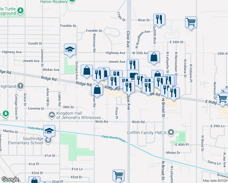 map of restaurants, bars, coffee shops, grocery stores, and more near 3904 Ridge Road in Highland