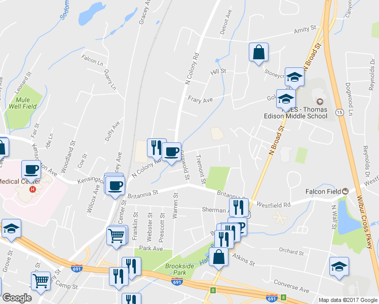 map of restaurants, bars, coffee shops, grocery stores, and more near 15 Cambridge Street in Meriden