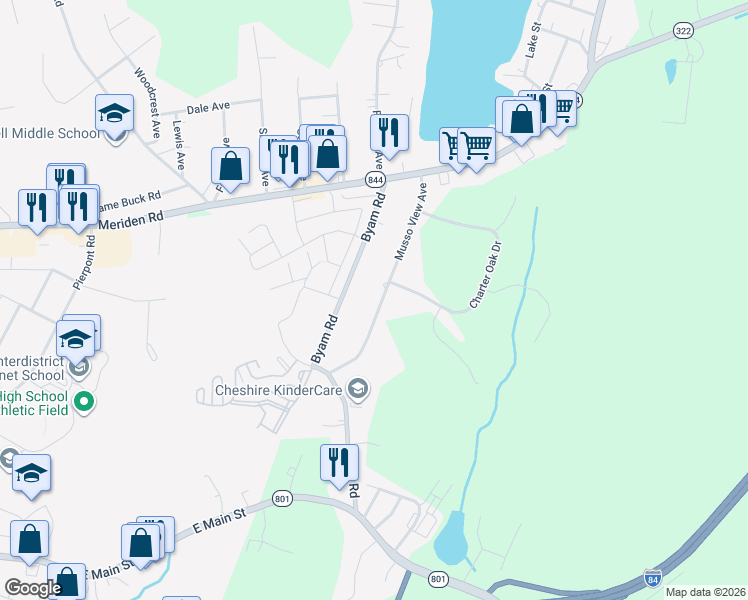 map of restaurants, bars, coffee shops, grocery stores, and more near 1681 Musso View Avenue in Cheshire