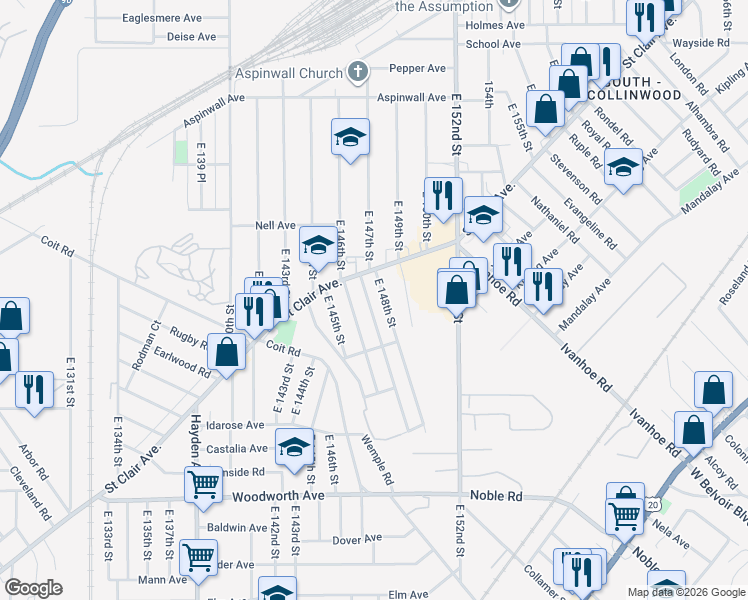 map of restaurants, bars, coffee shops, grocery stores, and more near 1021 East 147th Street in Cleveland