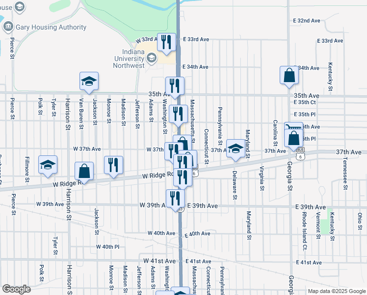 map of restaurants, bars, coffee shops, grocery stores, and more near 3689 Broadway in Gary