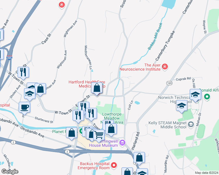 map of restaurants, bars, coffee shops, grocery stores, and more near 11 Huntington Lane in Norwich