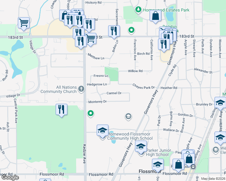 map of restaurants, bars, coffee shops, grocery stores, and more near 3013 Carmel Drive in Flossmoor
