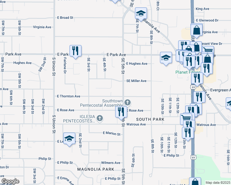 map of restaurants, bars, coffee shops, grocery stores, and more near 422 East Thornton Avenue in Des Moines