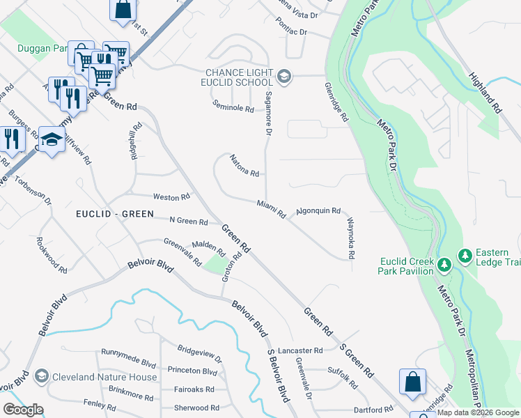 map of restaurants, bars, coffee shops, grocery stores, and more near 2078 Miami Road in Euclid
