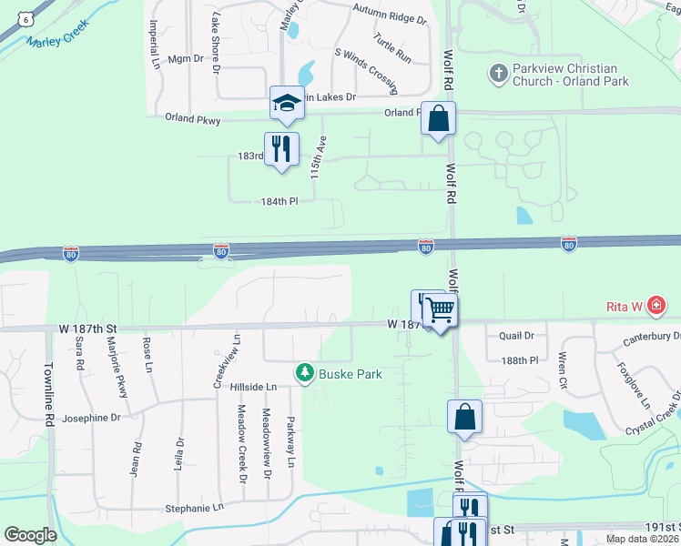 map of restaurants, bars, coffee shops, grocery stores, and more near 11314 Hummingbird Lane in Mokena