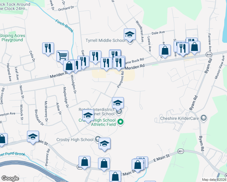 map of restaurants, bars, coffee shops, grocery stores, and more near 473 Pierpont Road in Waterbury