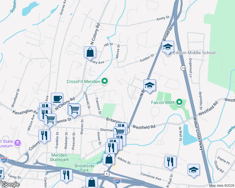 map of restaurants, bars, coffee shops, grocery stores, and more near 6 Locust Street in Meriden
