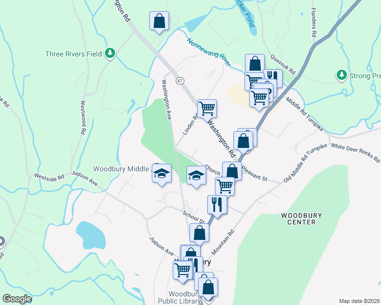 map of restaurants, bars, coffee shops, grocery stores, and more near 40 Church Street in Woodbury