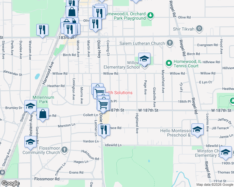 map of restaurants, bars, coffee shops, grocery stores, and more near 18630 Gottschalk Avenue in Homewood
