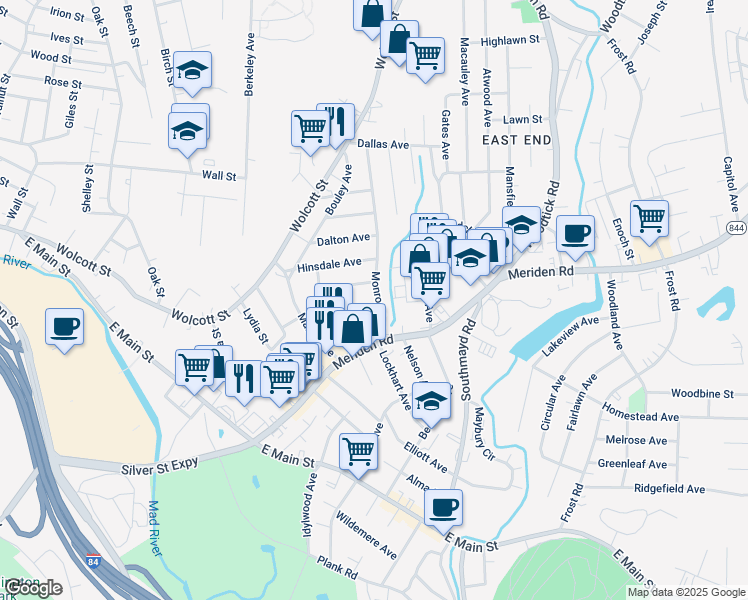 map of restaurants, bars, coffee shops, grocery stores, and more near 63 Monroe Avenue in Waterbury