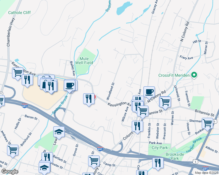 map of restaurants, bars, coffee shops, grocery stores, and more near 60 Woodland Street in Meriden