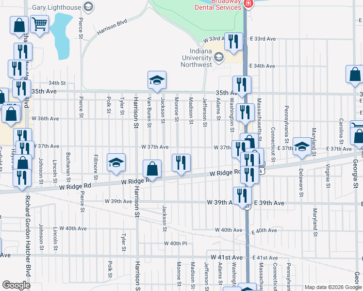 map of restaurants, bars, coffee shops, grocery stores, and more near 3685 Monroe Street in Gary