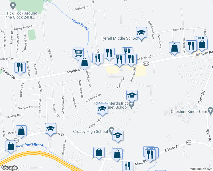 map of restaurants, bars, coffee shops, grocery stores, and more near 99 Fairwood Avenue in Waterbury