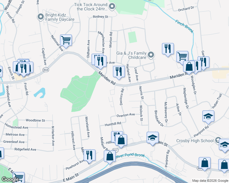 map of restaurants, bars, coffee shops, grocery stores, and more near 990 Meriden Road in Waterbury