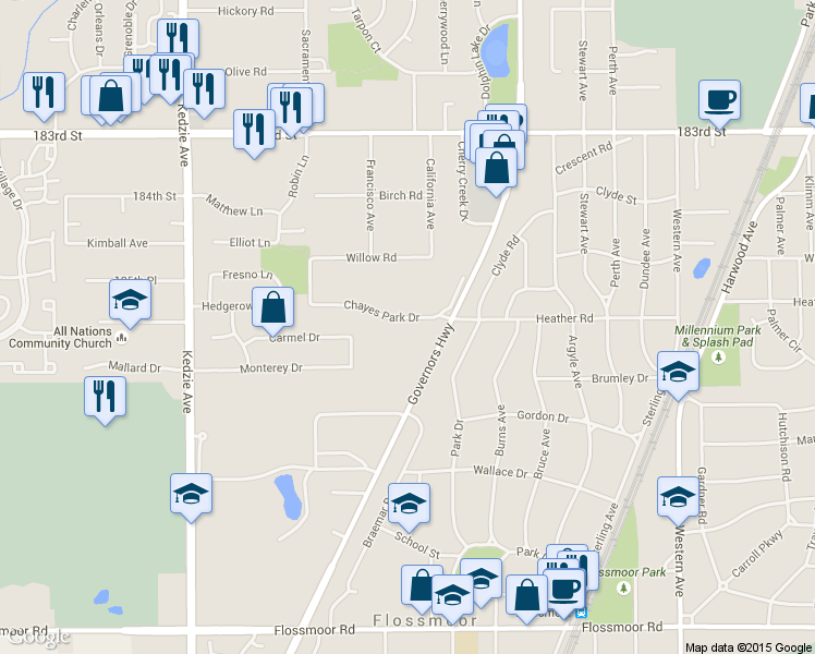 map of restaurants, bars, coffee shops, grocery stores, and more near 2832 Chayes Park Drive in Homewood