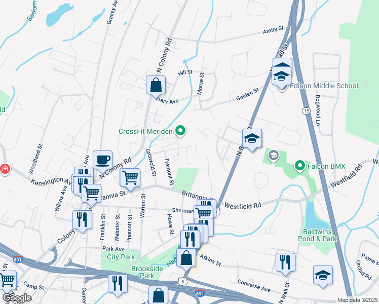 map of restaurants, bars, coffee shops, grocery stores, and more near 6 Locust Street in Meriden