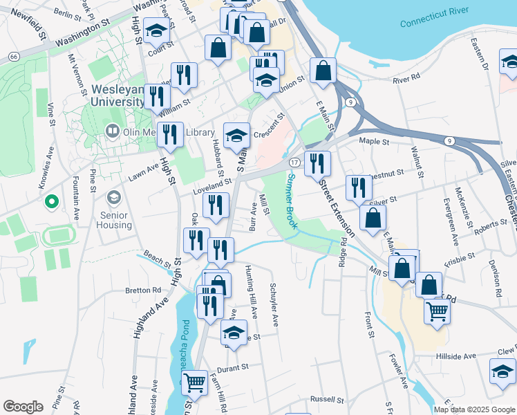 map of restaurants, bars, coffee shops, grocery stores, and more near 24 Burr Avenue in Middletown